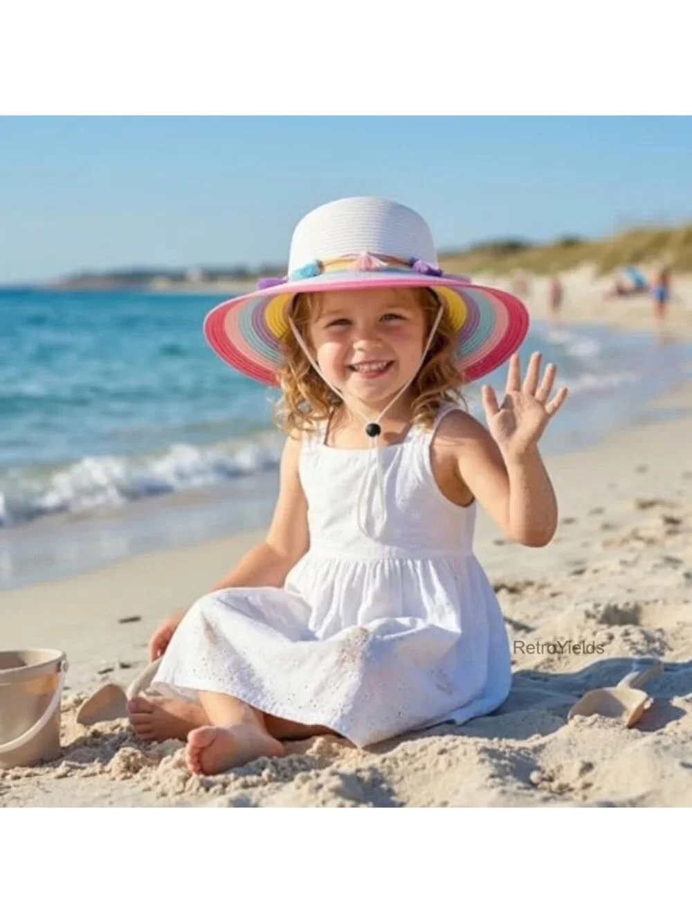 Girls Sun Straw Hat UPF 50+ Wide Brim with Tassels